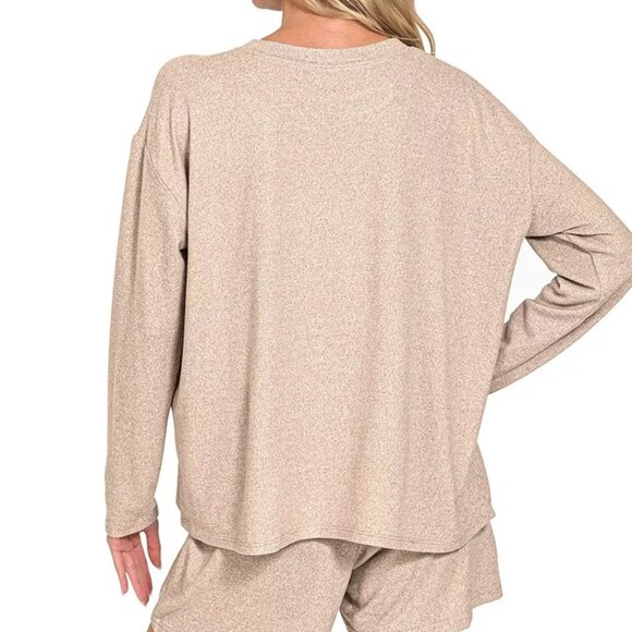 Zenana Soft Melange Long Sleeve Tee and Shorts Set - Picture 4 of 7